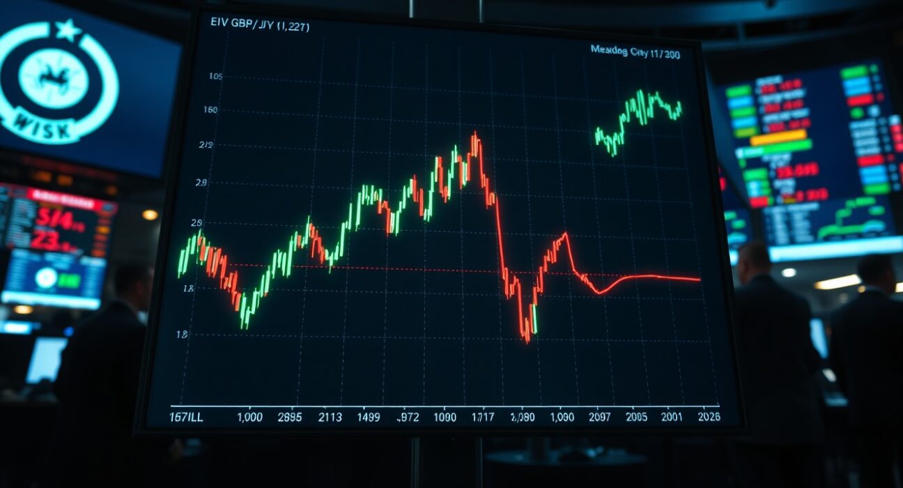 GBP/JPY chart showing sharp spike on a trading floor screen