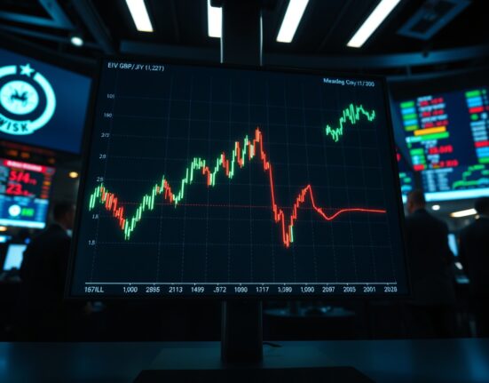 GBP/JPY chart showing sharp spike on a trading floor screen