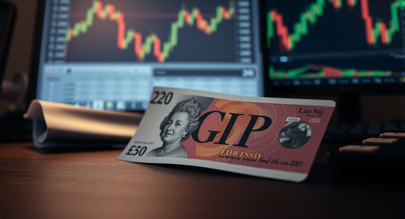 British pound banknote on a desk with financial charts in the background, representing currency market analysis.