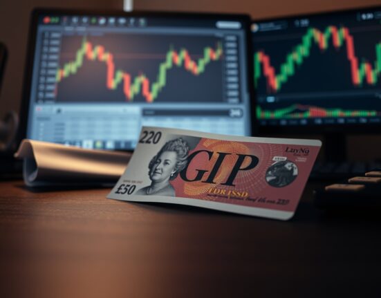 British pound banknote on a desk with financial charts in the background, representing currency market analysis.
