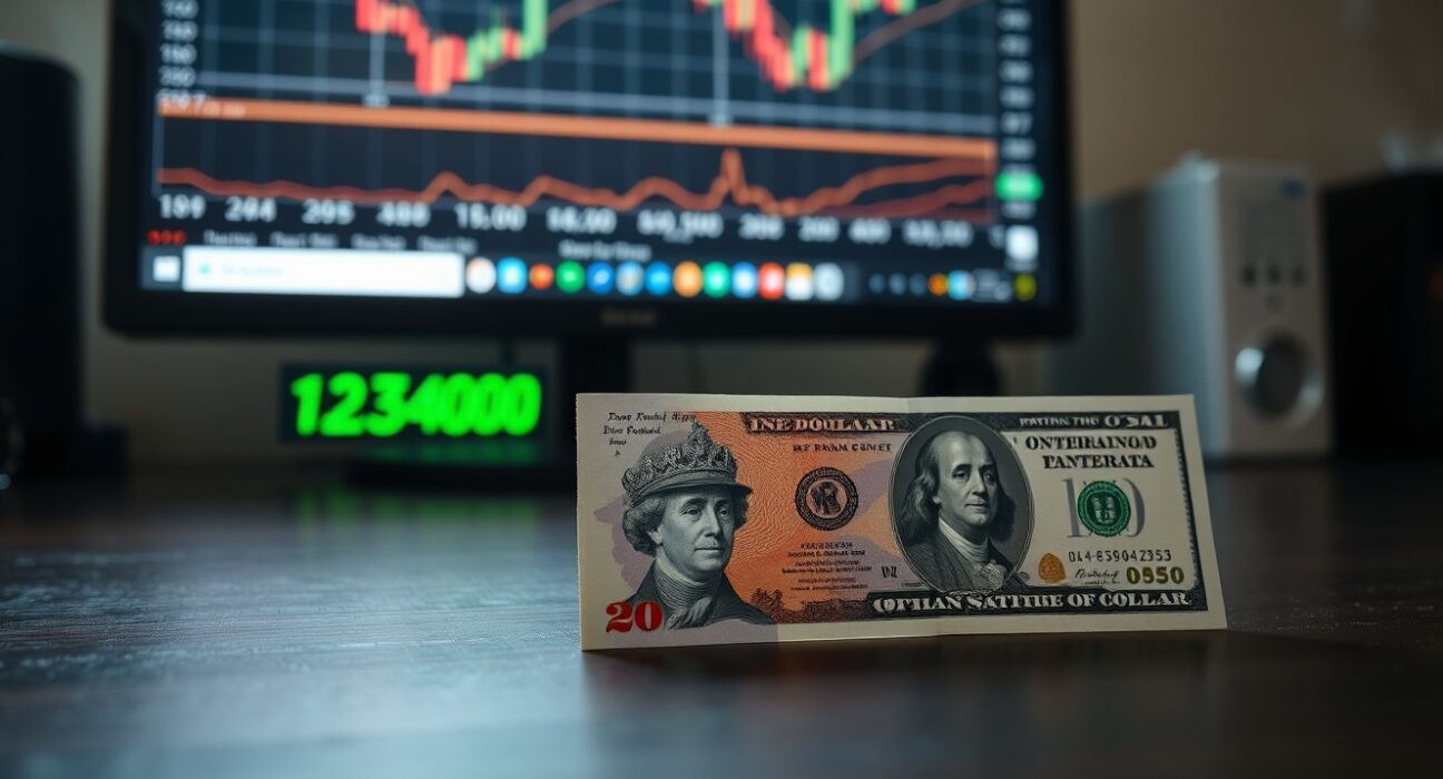 British pound and US dollar banknotes on desk with financial charts in background, representing GBP/USD exchange rate analysis.