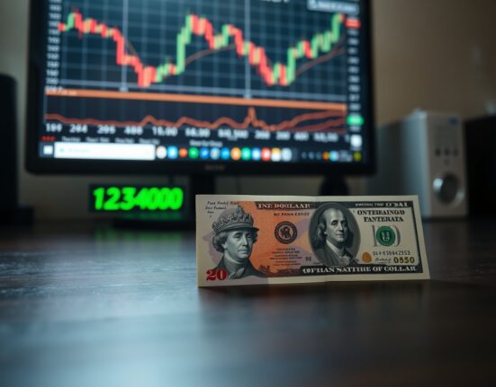 British pound and US dollar banknotes on desk with financial charts in background, representing GBP/USD exchange rate analysis.