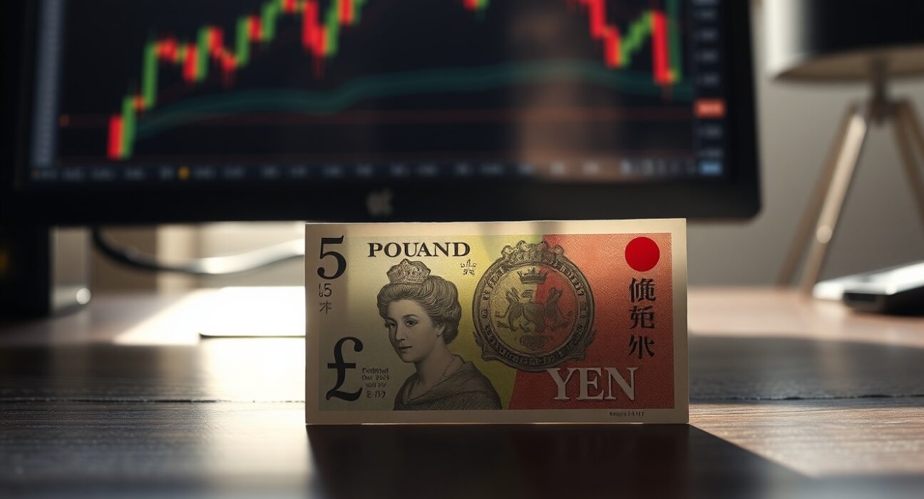 British Pound and Japanese Yen banknotes on a desk with a trading chart in background