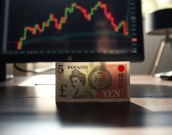 British Pound and Japanese Yen banknotes on a desk with a trading chart in background