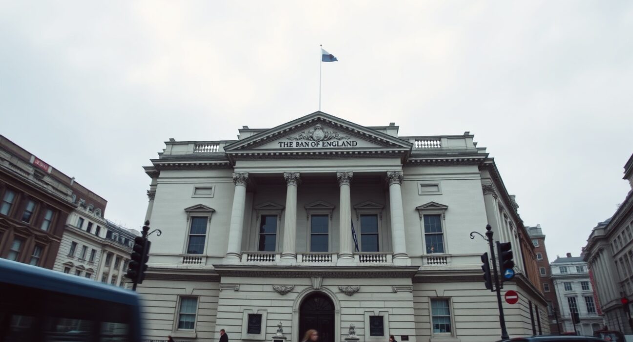 Bank of England building in London on a cloudy day, representing UK financial market uncertainty