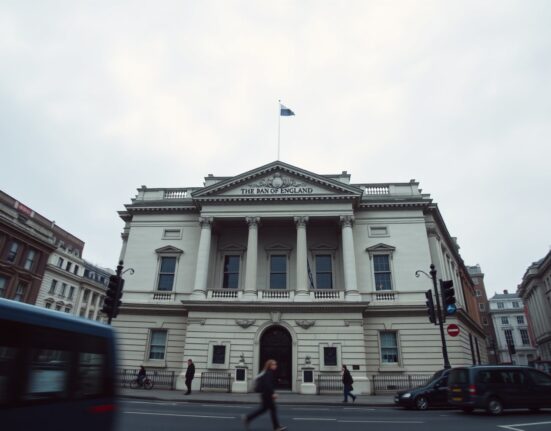 Bank of England building in London on a cloudy day, representing UK financial market uncertainty