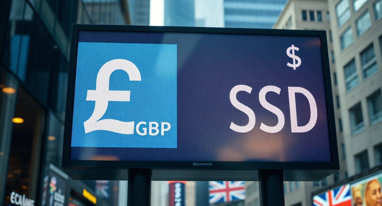 Currency exchange board showing GBP/USD rates in a financial district