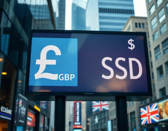 Currency exchange board showing GBP/USD rates in a financial district