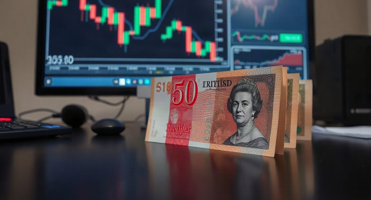 British pound and US dollar banknotes on a trading desk with a chart in the background