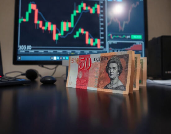 British pound and US dollar banknotes on a trading desk with a chart in the background