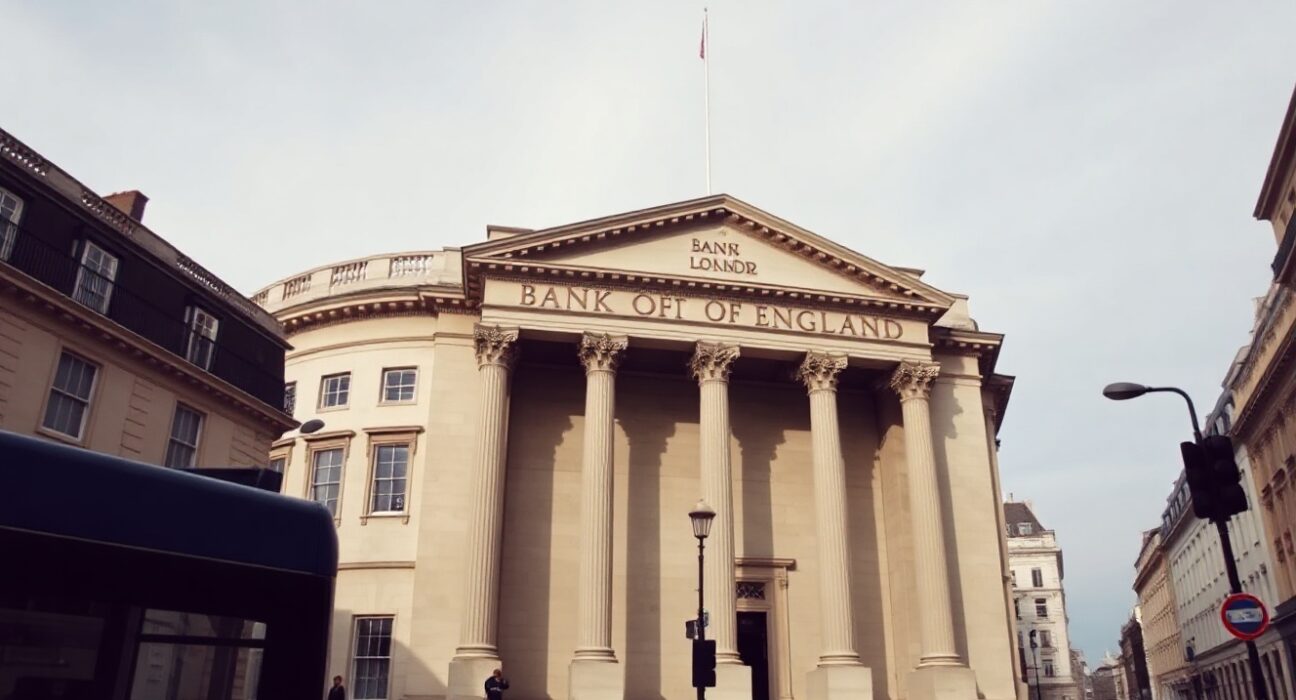 Bank of England building facade on a cloudy day in London financial district