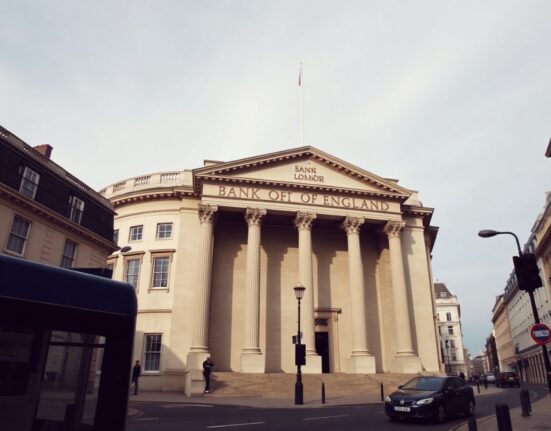 Bank of England building facade on a cloudy day in London financial district