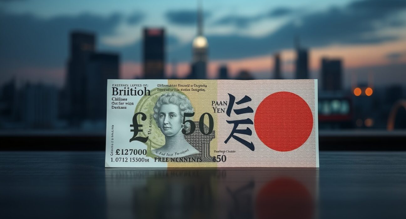 British pound and Japanese yen banknotes on a desk with city skyline background
