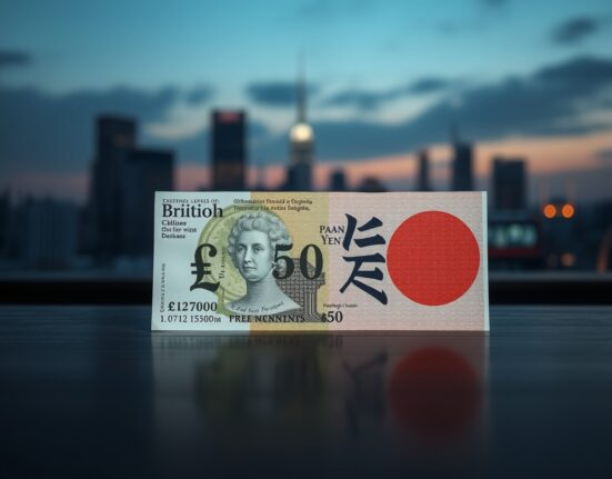 British pound and Japanese yen banknotes on a desk with city skyline background