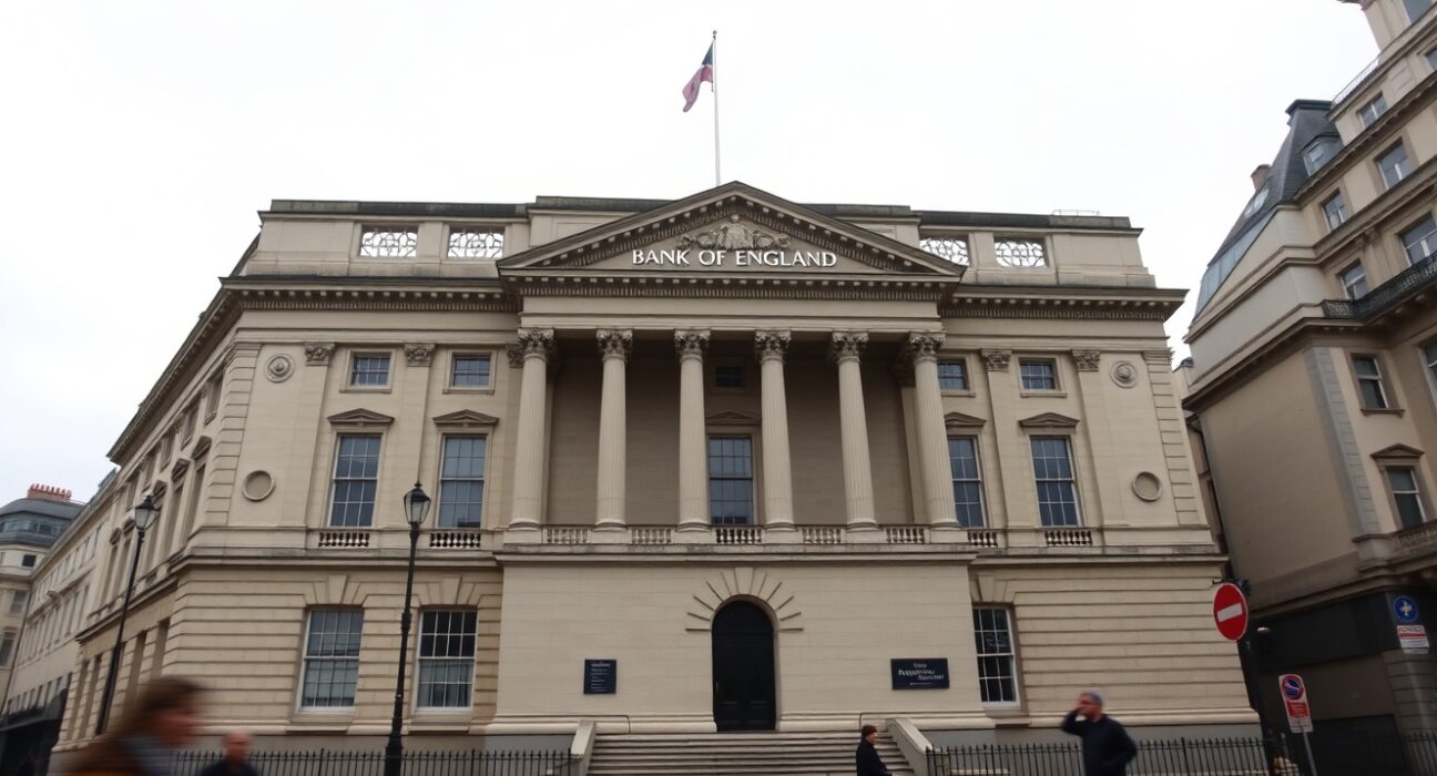 Bank of England building in London on an overcast day, symbolizing currency market stability.