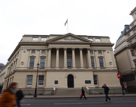 Bank of England building in London on an overcast day, symbolizing currency market stability.