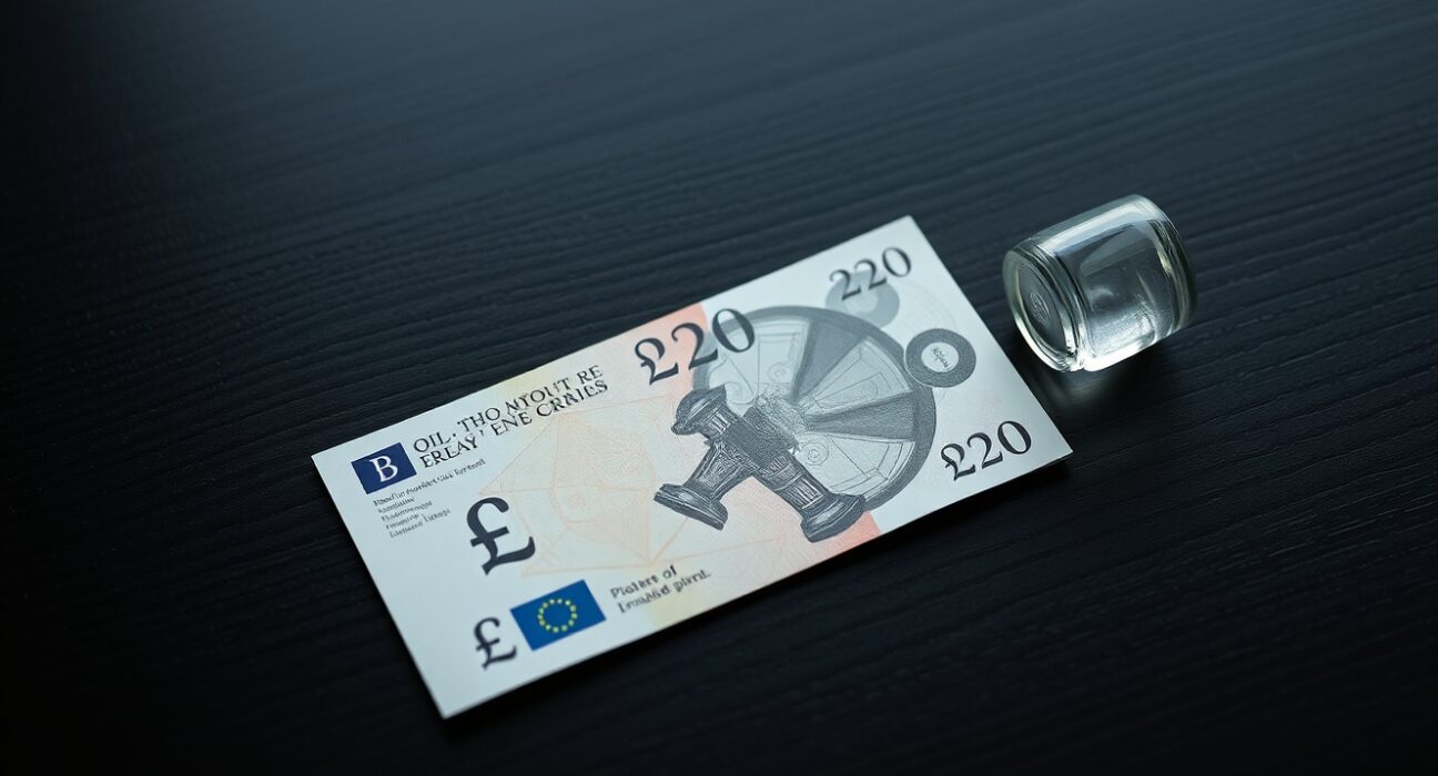 British Pound banknote and oil barrel figurine on desk representing currency and energy market dynamics