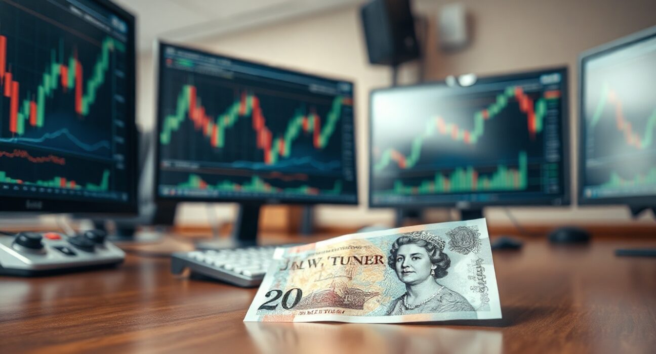 British Pound Sterling banknote on desk with financial charts in background