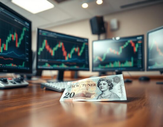 British Pound Sterling banknote on desk with financial charts in background