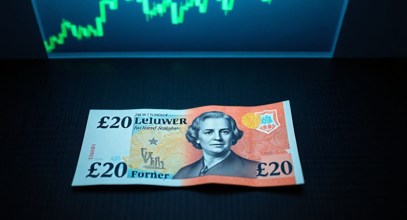 British pound banknote on desk with financial chart projection in background representing G7 currency performance analysis
