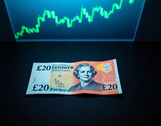 British pound banknote on desk with financial chart projection in background representing G7 currency performance analysis