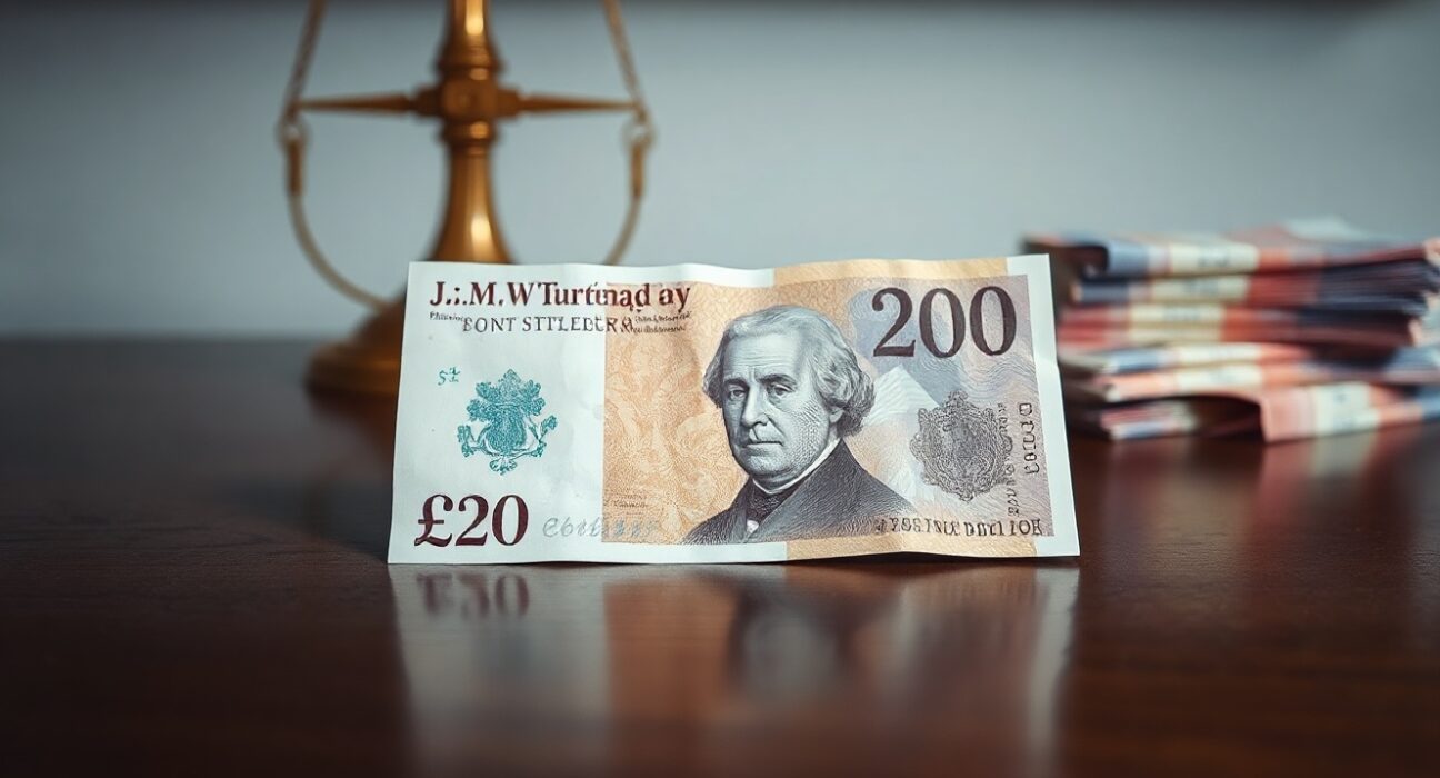A British Pound Sterling £20 note on a dark wood surface with a brass scale in the blurred background.