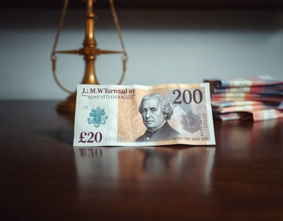 A British Pound Sterling £20 note on a dark wood surface with a brass scale in the blurred background.