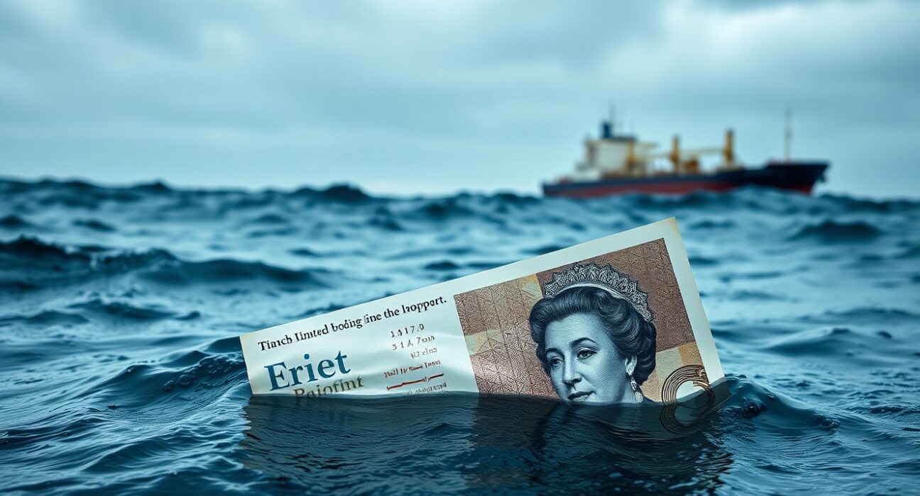 British Pound Sterling banknote partially submerged in ocean water with oil tanker in background near Strait of Hormuz.