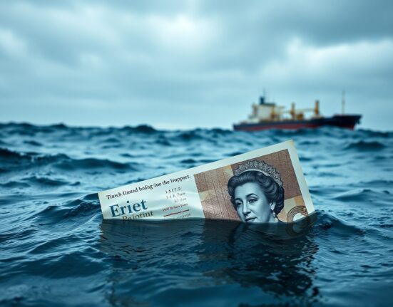 British Pound Sterling banknote partially submerged in ocean water with oil tanker in background near Strait of Hormuz.