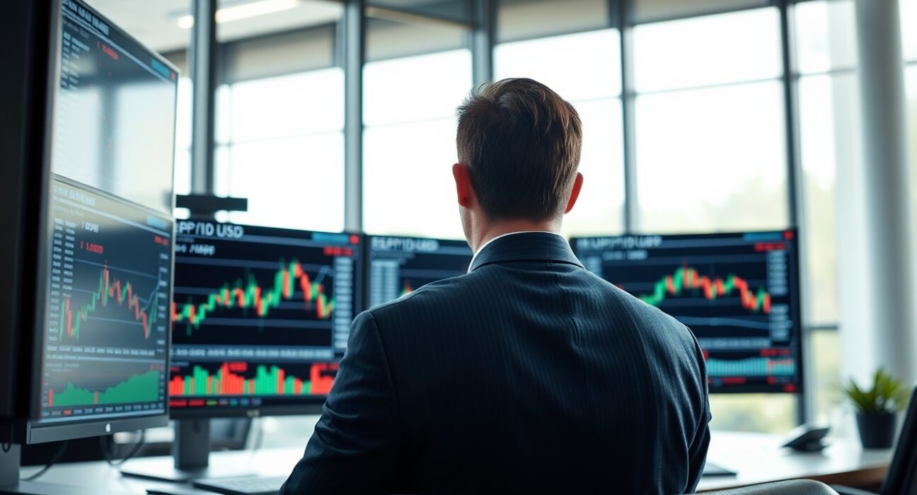 Financial analyst monitoring forex charts for British pound and euro trading