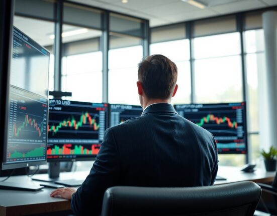 Financial analyst monitoring forex charts for British pound and euro trading