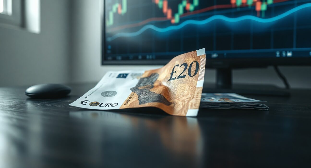 British Pound and Euro banknotes on a desk with a blurred financial chart background, representing currency strength.
