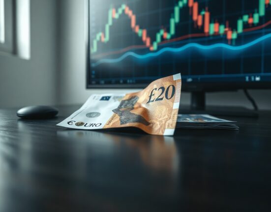 British Pound and Euro banknotes on a desk with a blurred financial chart background, representing currency strength.