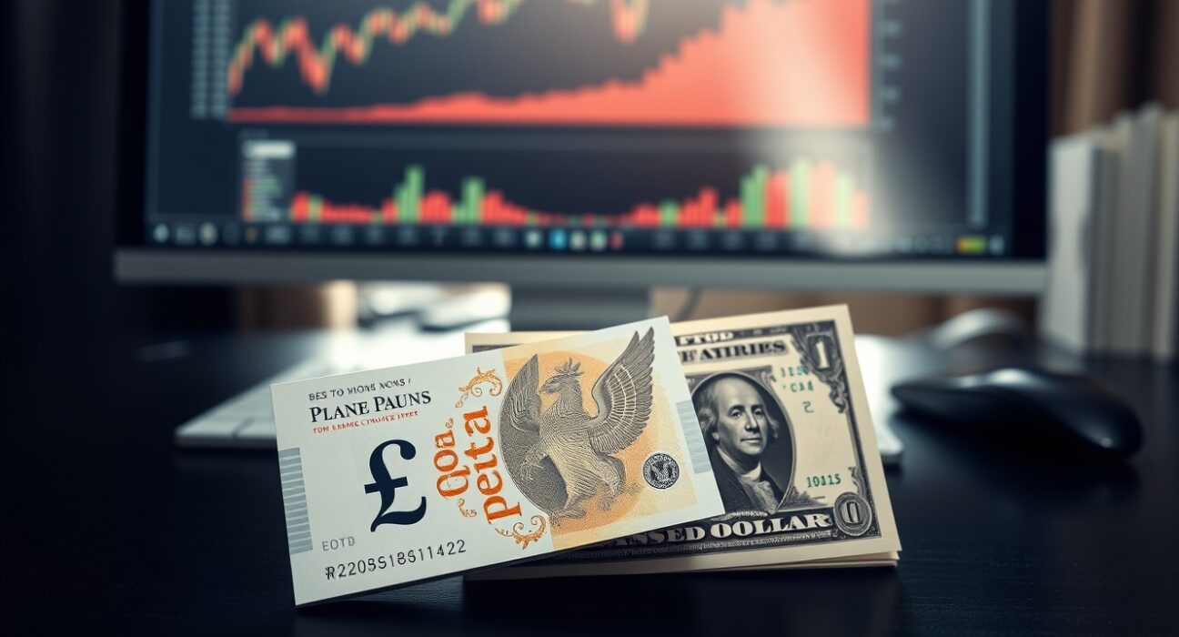 British pound and US dollar banknotes on a desk with a financial chart in the background