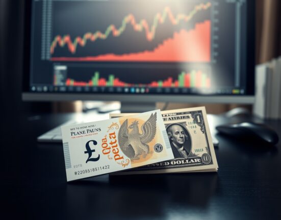 British pound and US dollar banknotes on a desk with a financial chart in the background