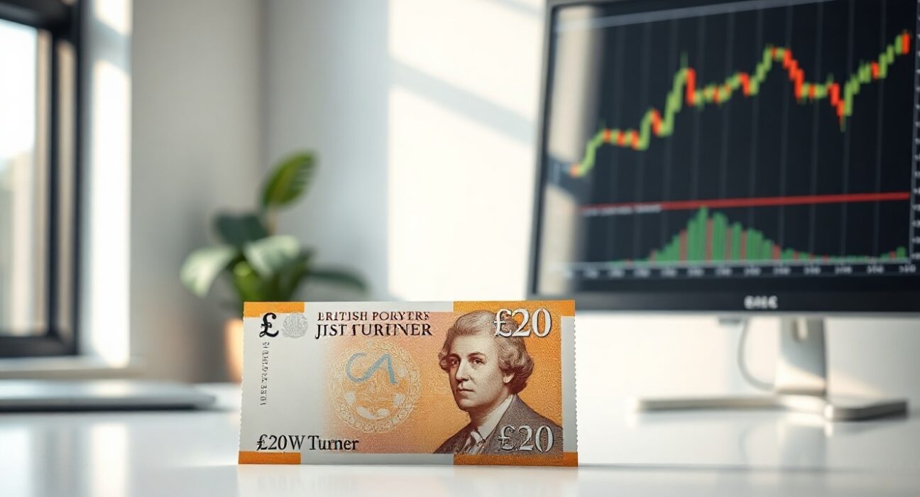 British pound banknote on desk with forex trading chart in background