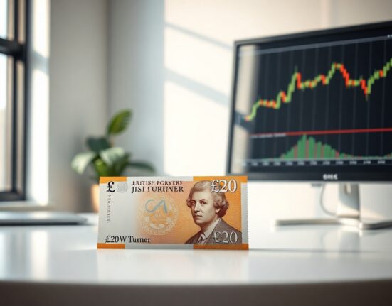 British pound banknote on desk with forex trading chart in background