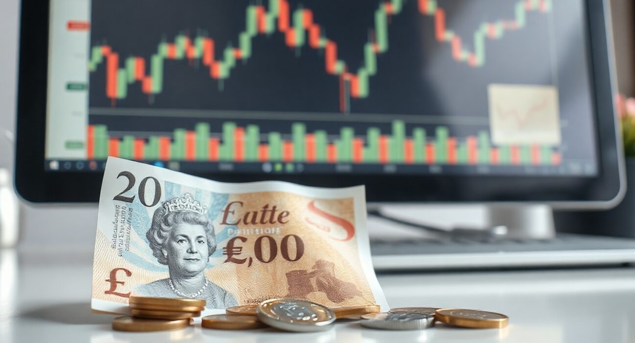 British Pound banknotes and coins on a desk with a financial chart in the background