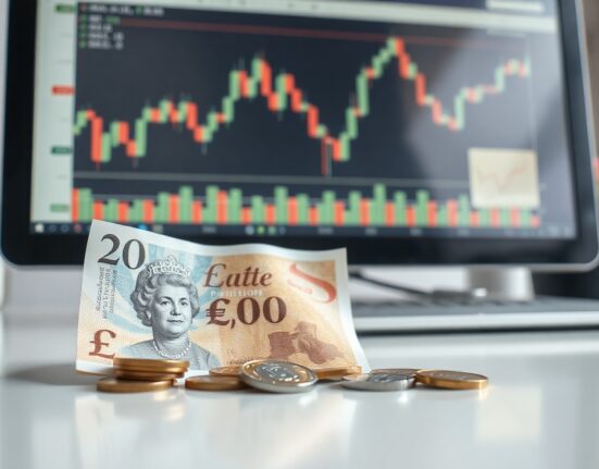 British Pound banknotes and coins on a desk with a financial chart in the background
