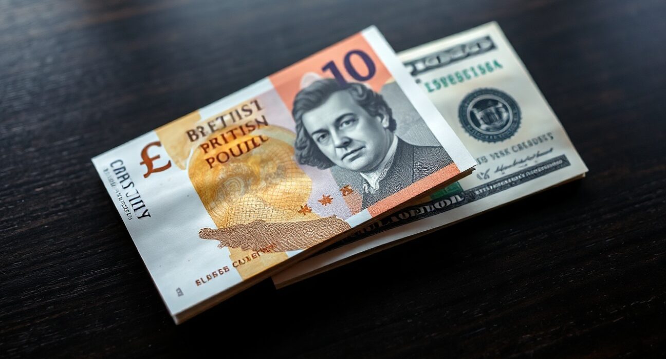 British pound and US dollar banknotes on a desk representing GBP/USD forex analysis.