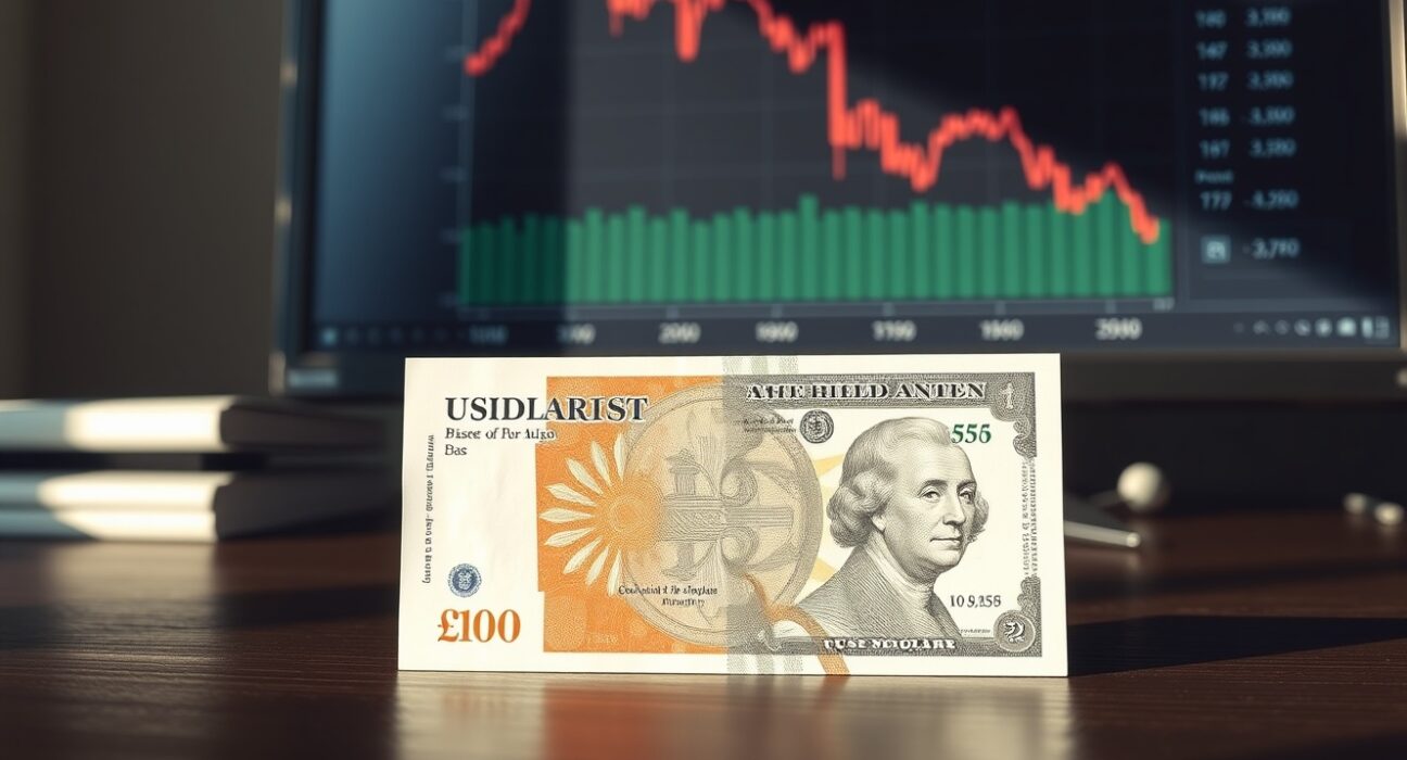 British pound and US dollar banknotes on desk with financial chart in background