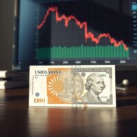 British pound and US dollar banknotes on desk with financial chart in background