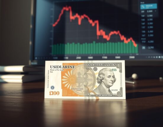 British pound and US dollar banknotes on desk with financial chart in background