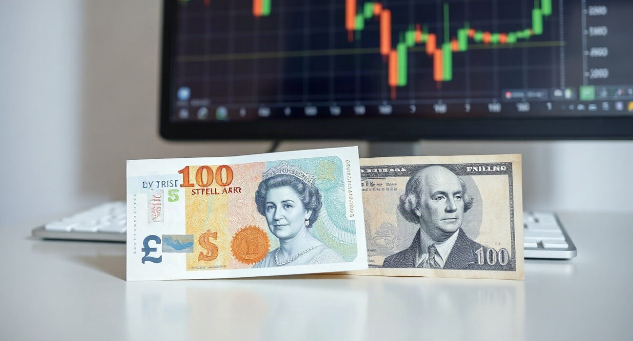 British Pound and US Dollar banknotes with a trading chart in background, representing GBP/USD exchange rate analysis.