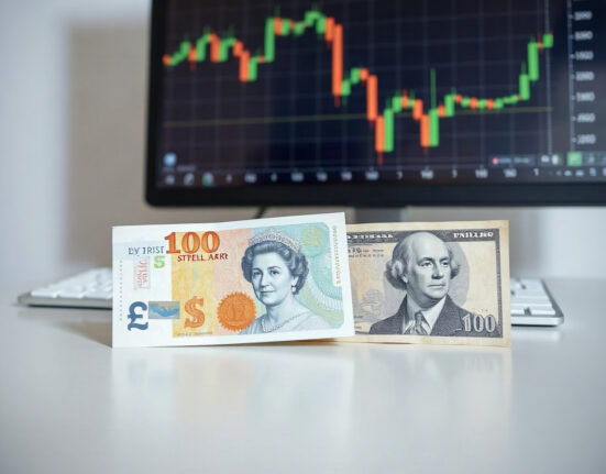 British Pound and US Dollar banknotes with a trading chart in background, representing GBP/USD exchange rate analysis.