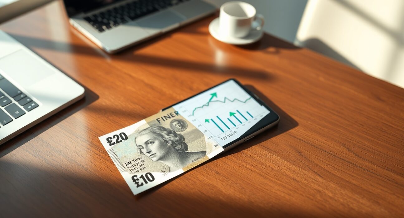 British pound note and smartphone with financial chart on desk