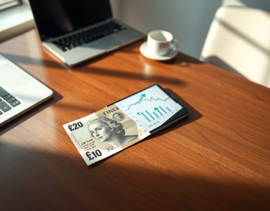 British pound note and smartphone with financial chart on desk