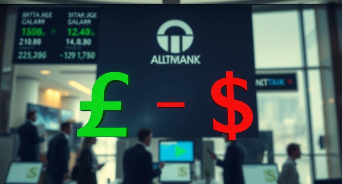 Digital trading screen showing GBP/USD exchange rate with British Pound symbol in green and US Dollar in red.