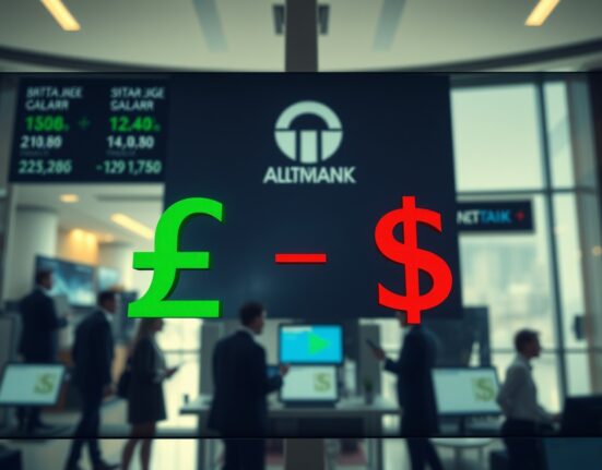 Digital trading screen showing GBP/USD exchange rate with British Pound symbol in green and US Dollar in red.