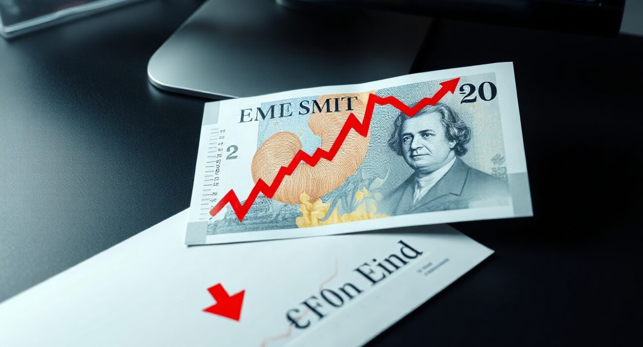 British pound banknote with red downward trendline on trading desk, representing bearish technical analysis.
